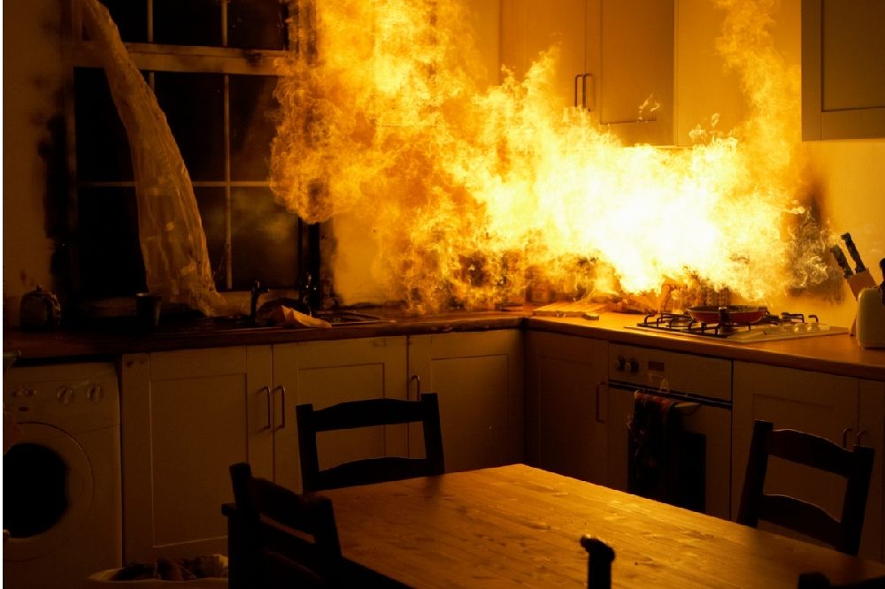 Kitchen fire spreading from the stove top to the cupboards and curtains 